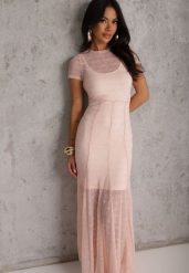 Różowa Wieczorowa Sukienka z Siateczki z Wiskozą na Krótki Rękaw Chareino. Czerwone sukienki damskie Renee, na imprezę, l, bez wzorów, z tkaniny, wizytowe, bez kołnierzyka, bez ramiączek, maxi. Za 209.99 zł.