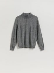 Bawełniany sweter ze stójką - ciemnoszary. Szare swetry męskie Reserved, l, bez wzorów, z bawełny, bez kołnierzyka. Za 179.99 zł.