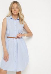 Jasnoniebieska Koszulowa Sukienka Bez Rękawów z Bawełny z Paskiem z Klamrą Mepea. Niebieskie sukienki damskie Born2be, na co dzień, l, bez wzorów, z bawełny, eleganckie, bez kołnierzyka, bez ramiączek, midi, kopertowe. W wyprzedaży za 87.99 zł.