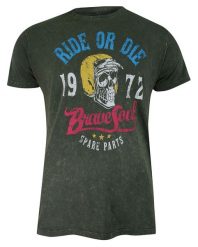 T-Shirt (Koszulka) Oliwkowy z Nadrukiem, Czaszka w Kasku, Okrągły Dekolt, Krótki Rękaw -BRAVE SOUL. Zielone t-shirty męskie Brave Soul, na lato, m, bez wzorów, z bawełny, bez kołnierzyka. Za 69.00 zł.