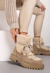 Ciemnobeżowe Śniegowce na Grubej Podeszwie z Cyrkoniami i Futerkową Wstawką Rianaella. Brązowe śniegowce damskie Born2be. Za 119.99 zł.