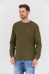 TOMMY JEANS Oliwkowy sweter. Zielone swetry męskie Tommy Jeans, l, bez wzorów, z jeansu, bez kołnierzyka. W wyprzedaży za 169.99 zł.