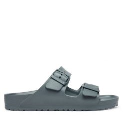 Klapki Birkenstock. Szare klapki damskie Birkenstock, bez wzorów, bez obcasa. Za 229.99 zł.
