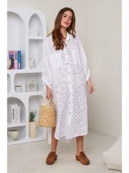 Rodier Lin Lniana sukienka w kolorze białym rozmiar: M/L. Białe sukienki damskie Rodier Lin, l, bez wzorów, ze lnu, bez kołnierzyka, bez ramiączek, maxi. Za 185.32 zł.