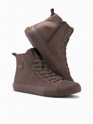 Wysokie męskie buty trampki z ozdobnym noskiem – brązowy V4 OM-FOTH-0157 - 46. Brązowe trampki i tenisówki męskie Ombre Clothing, z aplikacjami, z gumy, przed kolano, bez zapięcia. W wyprzedaży za 109.99 zł.