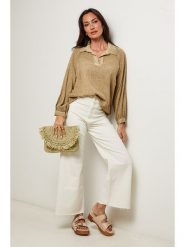 Le Monde du Lin Bluzka w kolorze beżowym rozmiar: 40/42. Brązowe bluzki damskie Le Monde du Lin, bez wzorów, z bawełny, bez kołnierzyka, bez ramiączek. Za 121.99 zł.