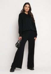 Czarny Dzianinowy Komplet Bluza z Kapturem w Warkoczowy Splot i Spodnie z Szerokimi Nogawkami Narahai. Czarne bluzy z kapturem damskie Born2be, z dzianiny. Za 129.99 zł.