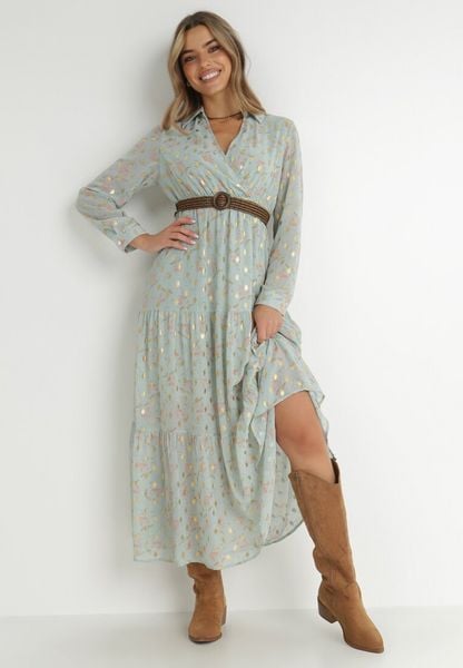 Miętowa Sukienka Azrael. Zielone sukienki damskie Born2be, na imprezę, l, bez wzorów, bez kołnierzyka, bez ramiączek, maxi, kopertowe. Za 109.99 zł.