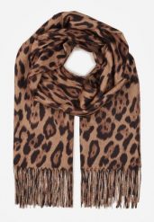 Brązowy Panterkowy Szalik z Wiskozy Zakończony Frędzlami Ferinda. Brązowe szaliki i kominy damskie Born2be, bez wzorów, z puchu. Za 39.99 zł.