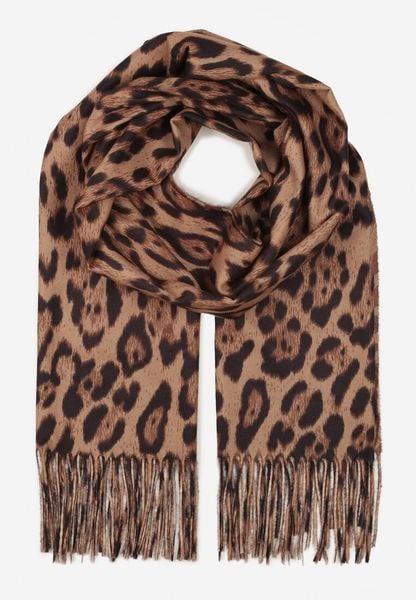 Brązowy Panterkowy Szalik z Wiskozy Zakończony Frędzlami Ferinda. Brązowe szaliki i kominy damskie Born2be, bez wzorów, z puchu. Za 39.99 zł.