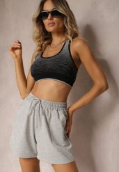Jasnoszare Dresowe Szorty High Waist z Gumką w Talii Narefia. Szare szorty damskie Renee, w ażurowe wzory, z dresówki, eleganckie, z podwyższonym stanem. Za 19.99 zł.