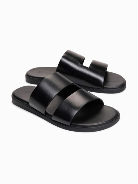 Męskie skórzane klapki z gumową podeszwą - czarne V1. Czarne klapki i japonki męskie Ombre Clothing, z gumy. W wyprzedaży za 229.99 zł.