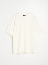Bluza z krótkim rękawem z dzianiny terry - kremowy. Białe bluzy bez kaptura męskie Sinsay, l, z dzianiny. Za 39.99 zł.