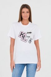 KARL LAGERFELD Biały t-shirt Ikonik Varsity Tee. Białe t-shirty damskie Karl Lagerfeld, xs, bez wzorów, z bawełny, bez kołnierzyka. W wyprzedaży za 299.99 zł.