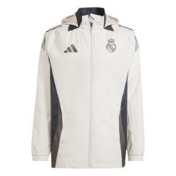 Kurtka dresowa zewnętrzna Real Madrid 2024/25. Czerwone kurtki męskie Adidas, bez wzorów, z dresówki, bez kaptura. W wyprzedaży za 385.20 zł.