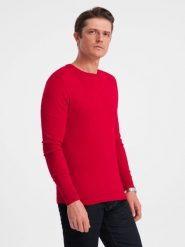 Męski klasyczny sweter z wiskozą BASIC z okrągłym dekoltem – czerwony V5 OM-SWBS-0106 - XXL. Czerwone swetry męskie Ombre Clothing, l, bez wzorów, z wiskozy, bez kołnierzyka. W wyprzedaży za 89.99 zł.