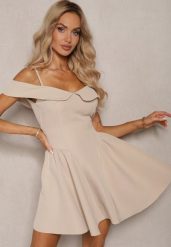 Beżowa Sukienka na Ramiączkach z Regulacją z Usztywnionymi Miseczkami Miviora. Brązowe sukienki damskie Renee, na co dzień, xs, z aplikacjami, eleganckie, bez kołnierzyka, bez ramiączek, mini, kopertowe. Za 149.99 zł.