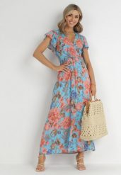 Niebieska Sukienka Maxi w Kwiaty z Gumką w Pasie Shepes. Niebieskie sukienki damskie Born2be, l, z aplikacjami, z tkaniny, bez kołnierzyka, bez ramiączek, maxi, kopertowe. W wyprzedaży za 71.99 zł.