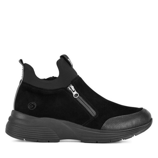 Botki Remonte. Czarne botki damskie Remonte, bez obcasa, na płaskiej podeszwie, bez zapięcia. Za 299.99 zł.