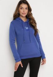 Niebieska Ocieplona Bluza Kangurka z Kapturem i Pluszową Naszywką Dysineia. Niebieskie bluzy z kapturem damskie Born2be, l, z polaru. Za 84.99 zł.
