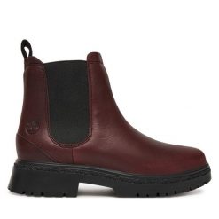 Sztyblety Timberland. Czerwone botki damskie Timberland, bez obcasa, na płaskiej podeszwie, bez zapięcia. Za 559.99 zł.