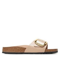 Klapki Birkenstock. Brązowe klapki damskie Birkenstock, bez wzorów, ze lnu, bez obcasa. Za 629.99 zł.