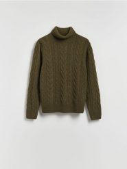 Wełniany sweter - ciemnozielony. Zielone swetry męskie Reserved, l, bez wzorów, z dzianiny, bez kołnierzyka. Za 259.99 zł.