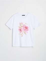 Koszulka z kwiatowym motywem - biały. Białe t-shirty damskie Sinsay, l, bez wzorów, bez kołnierzyka. Za 25.99 zł.