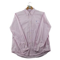 Second life - Klasyczna koszula męska w paski różowa - Jak nowy. Czerwone koszule męskie Ralph Lauren, m, bez wzorów, bez kołnierzyka, bez ramiączek. Za 212.96 zł.