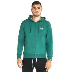 Bluza z bawełna z kaptur na czas wolny na co dzień. Zielone bluzy sportowe męskie LEONE 1947 APPAREL, bez wzorów, z bawełny, sportowe, bez kołnierzyka, bez ramiączek. W wyprzedaży za 149.08 zł.