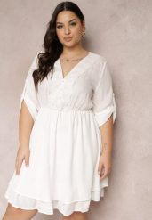 Biała Sukienka Mini z Gumką w Talii i Koronkowymi Wstawkami Kelia. Białe sukienki damskie Renee, na co dzień, l, bez wzorów, z koronki, eleganckie, bez kołnierzyka, bez ramiączek, midi, kopertowe. W wyprzedaży za 69.99 zł.