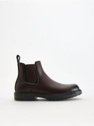 Botki ze skórą naturalną - ciemnobrązowy. Brązowe buty zimowe męskie Reserved, z materiału, bez zapięcia. Za 219.99 zł.