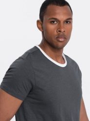 Męski t-shirt z surowym wykończeniem – grafitowy V7 - Rozmiar: S. Szare t-shirty męskie Ombre Clothing, l, z aplikacjami, z bawełny, bez kołnierzyka. W wyprzedaży za 19.99 zł.