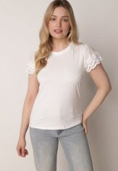 Biały Bawełniany T-shirt z Koronkowymi Rękawami Carilynore. Białe t-shirty damskie Born2be, m, bez wzorów, z bawełny, bez kołnierzyka. Za 59.99 zł.