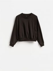 Gładka bluza - ciemnobrązowy. Brązowe bluzy bez kaptura damskie Reserved, l, z bawełny. Za 69.99 zł.
