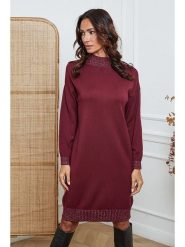 So Cachemire Sukienka dzianinowa "Linoa" w kolorze bordowym rozmiar: XL. Czerwone sukienki damskie So Cachemire, na co dzień, xl, bez wzorów, z dzianiny, bez kołnierzyka, bez ramiączek, midi, proste. Za 185.76 zł.