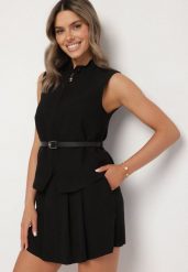 Czarny Wiskozowy Komplet Spódnico-Spodenki z Kieszeniami Bluzka ze Szlufkami z Paskiem Mavireina. Czarne szorty damskie Born2be, bez wzorów, z materiału, eleganckie. Za 249.99 zł.