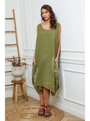 Joséfine Lniana sukienka w kolorze khaki rozmiar: XL. Brązowe sukienki damskie Joséfine, na co dzień, xl, bez wzorów, ze lnu, z asymetrycznym kołnierzem, bez ramiączek, midi, asymetryczne. Za 248.45 zł.