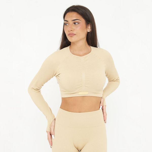 Koszulka Crop Top treningowa IMALA długie rękawy. Brązowe bluzki sportowe damskie Legea, z elastanu, bez kołnierzyka, bez ramiączek. W wyprzedaży za 95.50 zł.
