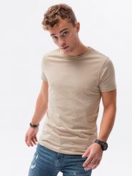 T-shirt męski bawełniany BASIC - piaskowy V11 - Rozmiar: XXL. Szare t-shirty męskie Ombre Clothing, m, bez wzorów, z bawełny, bez kołnierzyka. W wyprzedaży za 19.99 zł.