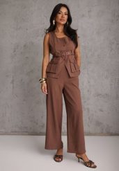 Brązowy Garniturowy Komplet z Bawełną Spodnie Wide Leg i Kamizelka Utility Aloane. Brązowe spodnie materiałowe damskie Renee, bez wzorów, z bawełny. Za 199.99 zł.