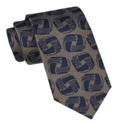 Modny Męski Krawat - Alties - Beżowe Tło i Duży Granatowy Wzór. Brązowe krawaty i muchy męskie Alties, bez wzorów, z tkaniny, eleganckie. Za 49.00 zł.
