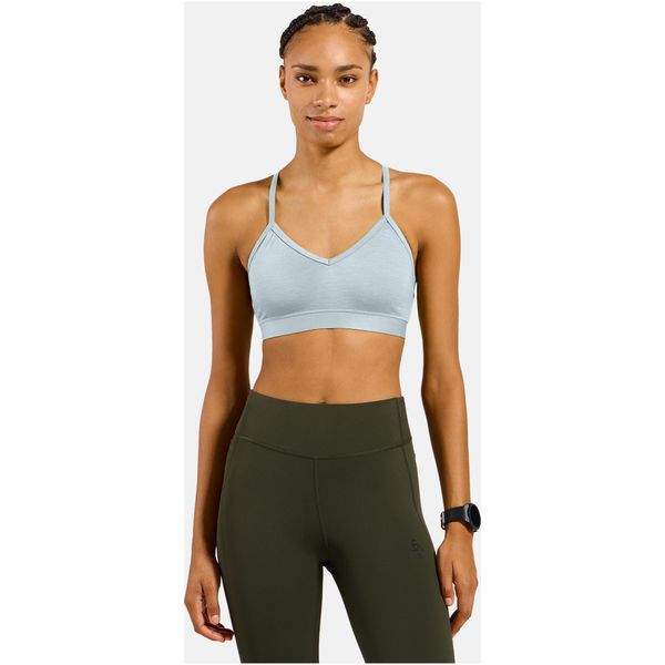 Biustonosz sportowy damski ODLO Sport bra MERINO SOFT. Niebieskie biustonosze sportowe damskie Odlo, bez wzorów, z materiału. Za 219.99 zł.