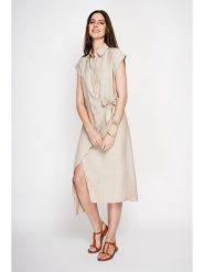 Le Jardin du Lin Sukienka w kolorze kremowym rozmiar: 34. Brązowe sukienki damskie Le jardin du lin, bez wzorów, bez kołnierzyka, bez ramiączek, midi. Za 130.99 zł.