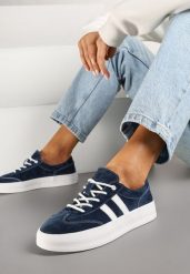 Granatowe Sneakersy Tenisówki ze Skóry Naturalnej na Niskiej Platformie Eleadria. Niebieskie trampki i tenisówki damskie Renee, bez wzorów, z jeansu. Za 159.99 zł.