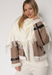 Jasnobeżowy Trójkątny Szalik z Wiskozy i Bawełny z Frędzlami Vetirala. Brązowe szaliki i kominy damskie Born2be, bez wzorów, z bawełny. Za 44.99 zł.