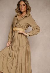 Ciemnobeżowa Wiskozowa Sukienka o Koszulowym Kroju z Paskiem z Klamrą Feluriela. Brązowe sukienki damskie Renee, na co dzień, l, bez wzorów, z wiskozy, eleganckie, bez kołnierzyka, bez ramiączek, maxi, kopertowe. W wyprzedaży za 87.99 zł.
