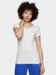 4F T-shirt slim gładki damski S. Białe t-shirty damskie 4f, s, bez wzorów, z bawełny, bez kołnierzyka. W wyprzedaży za 39.99 zł.