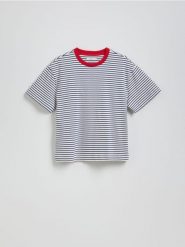 Bawełniany t-shirt w paski - granatowy. Niebieskie t-shirty damskie Reserved, l, bez wzorów, z bawełny, bez kołnierzyka. W wyprzedaży za 39.99 zł.