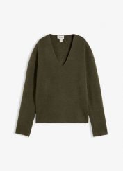 Sweter z dekoltem w serek. Zielone swetry klasyczne damskie bonprix, bez kołnierzyka. Za 109.99 zł.